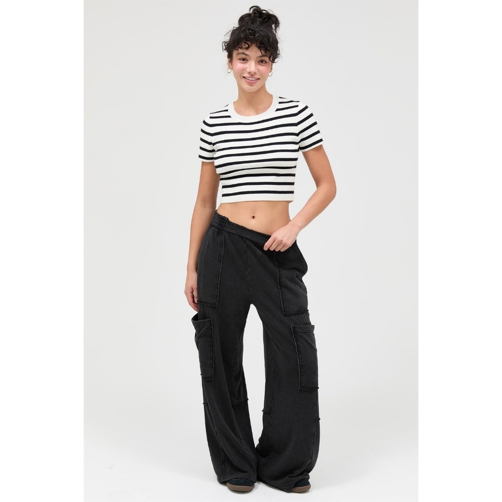 CloudDweller Black Mineral Washed Cotton Butter Soft Wide Leg Cargo Sweatpants - Picture 2 of 8